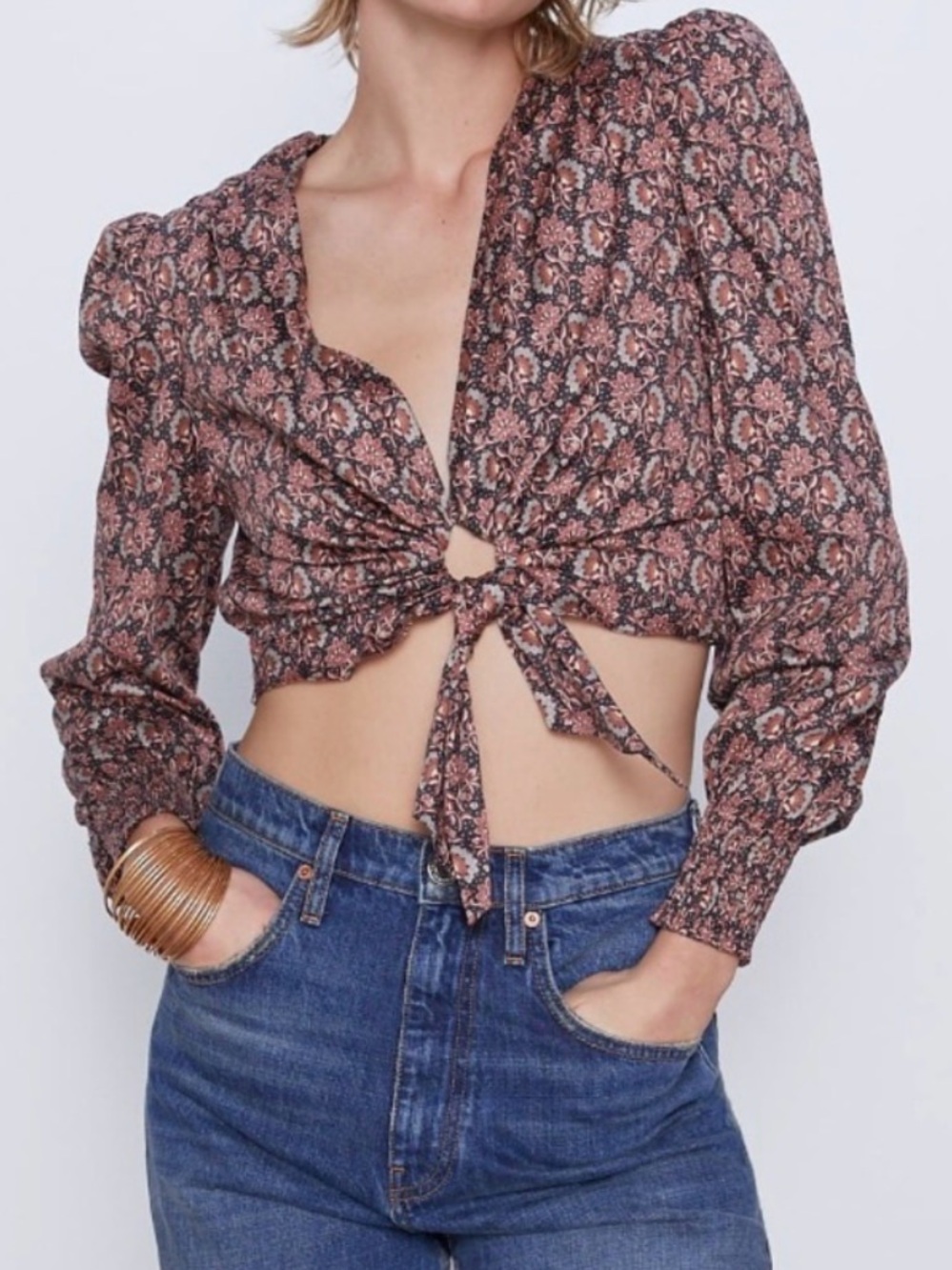 Zara Tie-Front Floral Crop Top in Pink and Brown